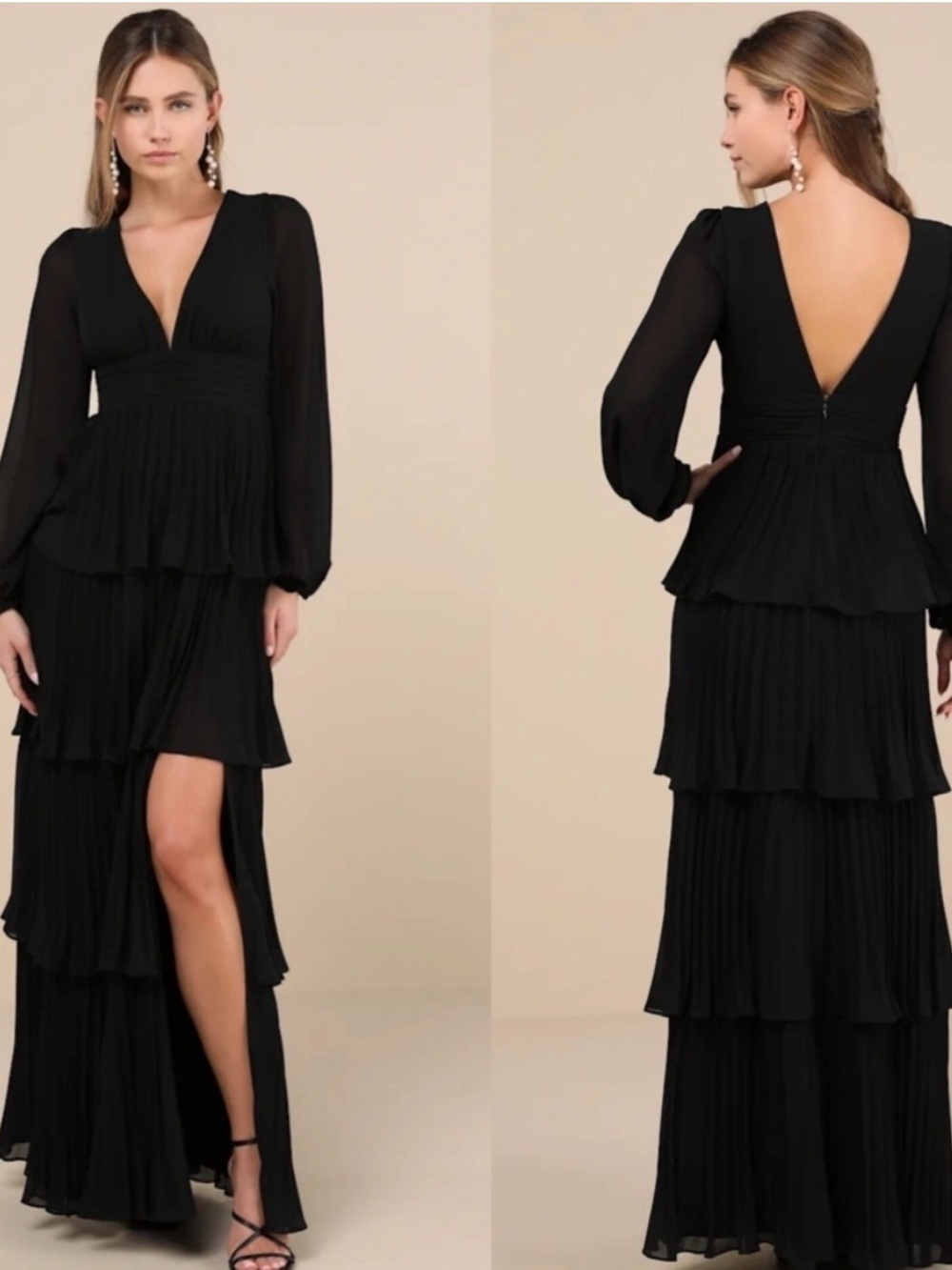 Lulus Graceful Finesse Black Pleated Long Sleeve Maxi Dress XL Wedding Party